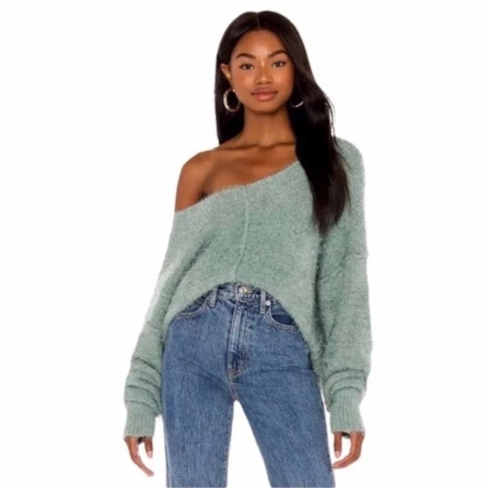 Free People Icing V Pullover Sweater L Green Fuzzy Oversized V Neck Boho